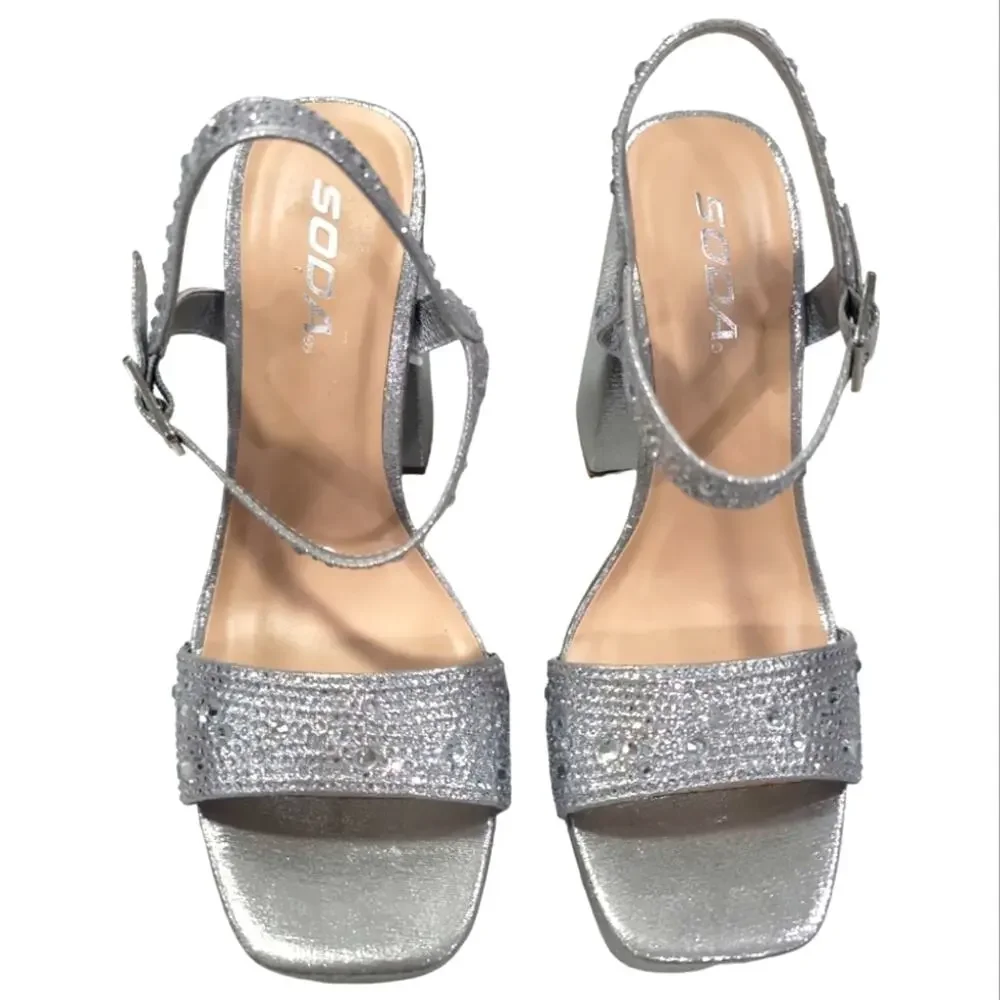 Silver Rhinestone Studded Platform Strappy Heels